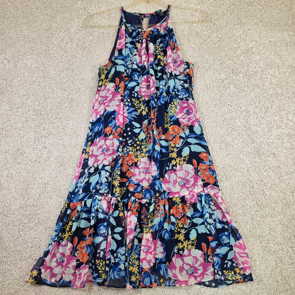 Roz & Ali Tropical Floral Halter Mini Dress M Navy Pink‎ Pearl Tassel Tiered